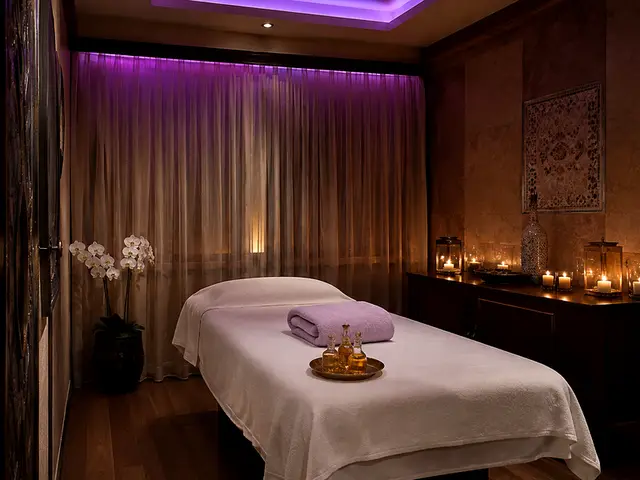 Mor ışıklı, mumlarla hazırlanmış masaj odası — Bolluca, Masaj Salonun